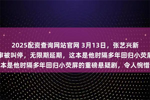 2025配资查询网站官网 3月13日，张艺兴新剧《看不见的伪装》未过审被叫停，无限期延期，这本是他时隔多年回归小荧屏的重磅悬疑剧，令人惋惜